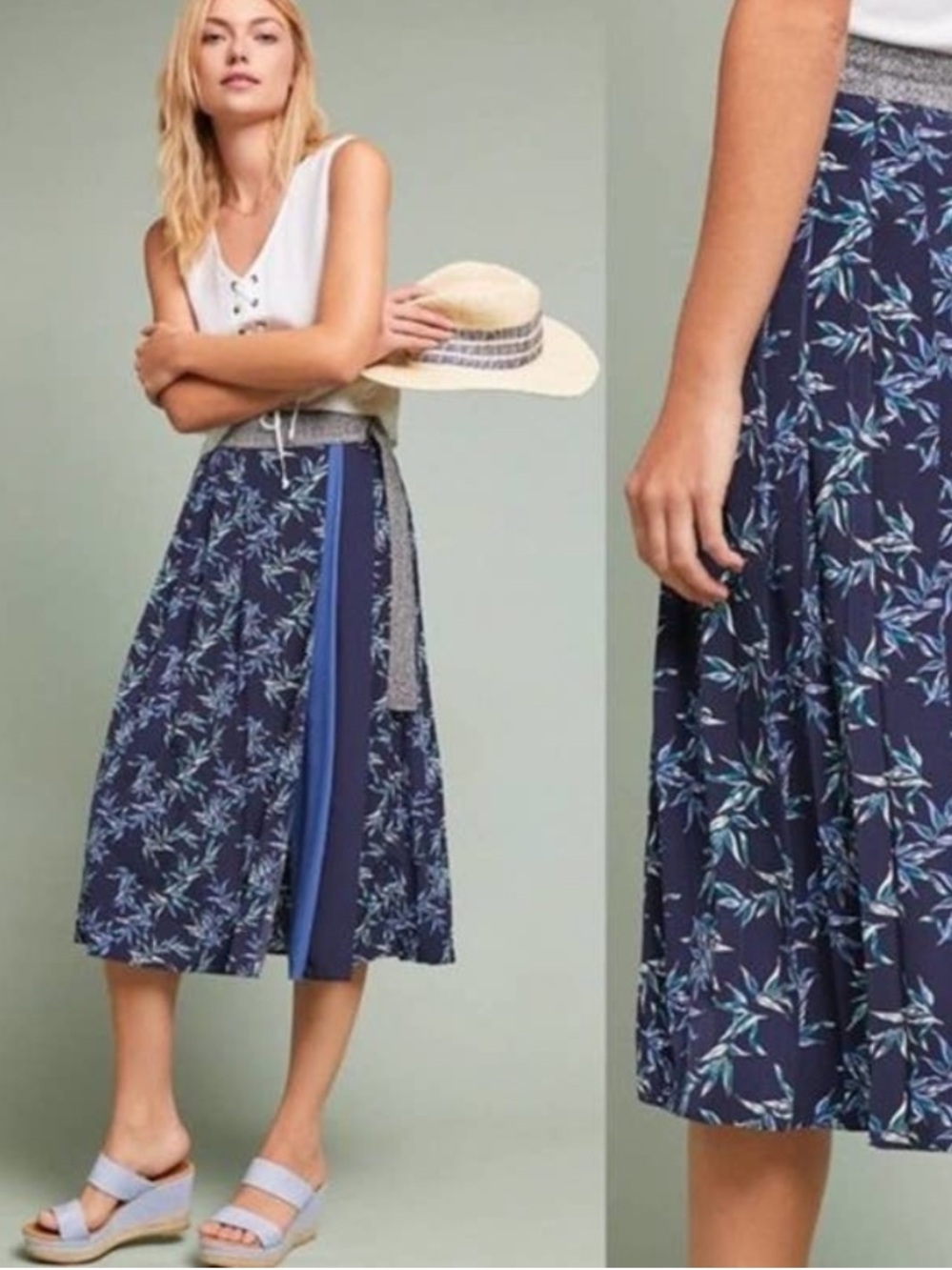 Anthropologie Eri+Ali blue metallic waist floral wrap skirt 57274